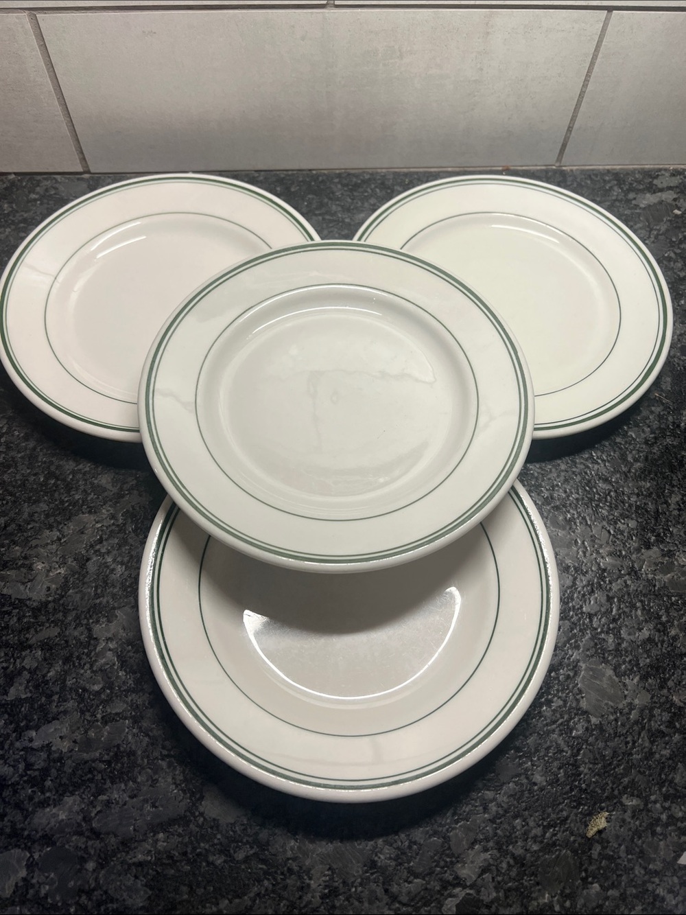 Set of 4 Diner Dishes. RETRO  White Ceramic Salad Plates with Green Rim